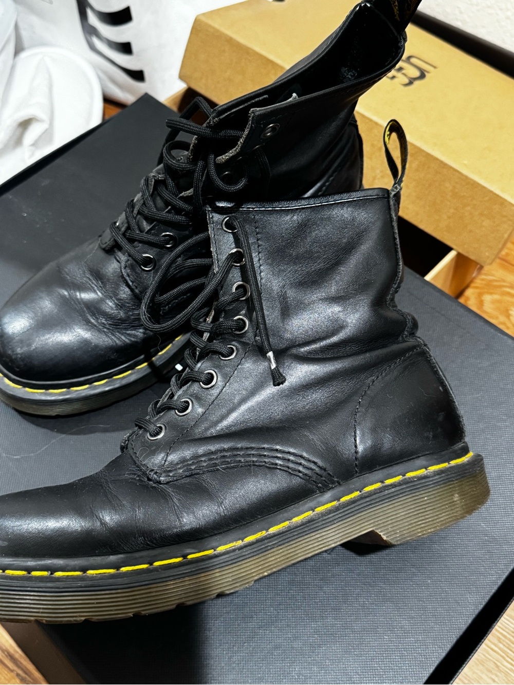 Dr. Martens Black Leather Lace-Up Boots with Yellow Stitching